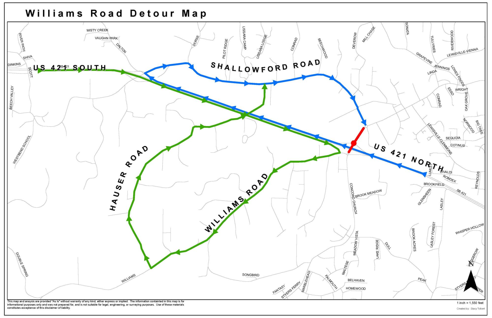 Map of temporary road closure and detour due to road work