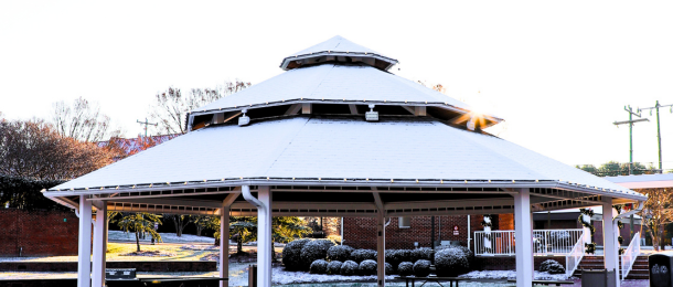 Shallowford Square pavilion covered in a dusting of snow.