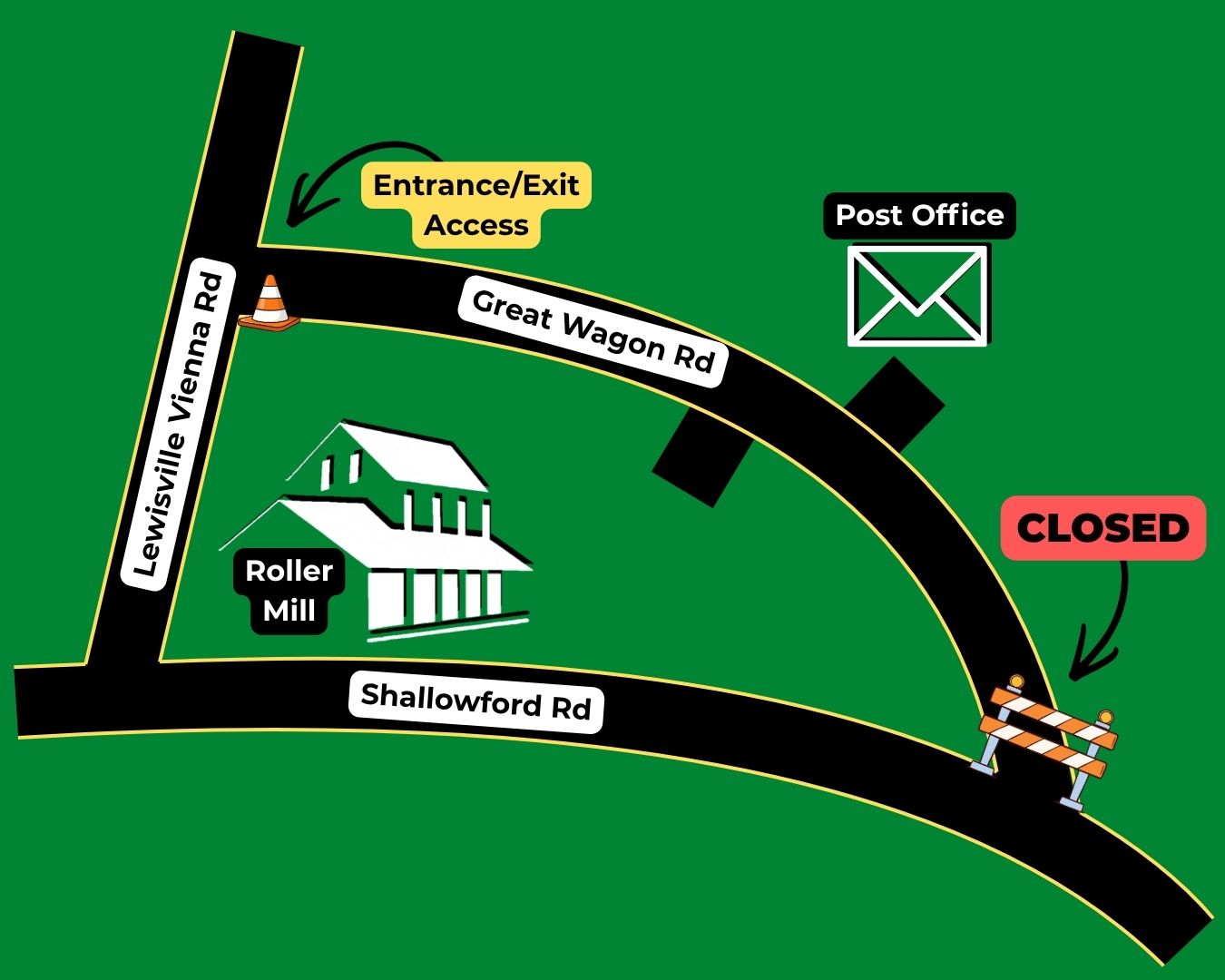 The access from Shallowford Road to Great Wagon Road will be closed. Great Wagon Road will be accessible by the Lewisville Vienna Road entrance/exit during this time.