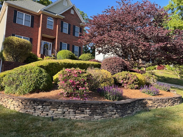 A multi-story brick house sits on a hill surrounded by beautiful landscaping and a colorful tree.