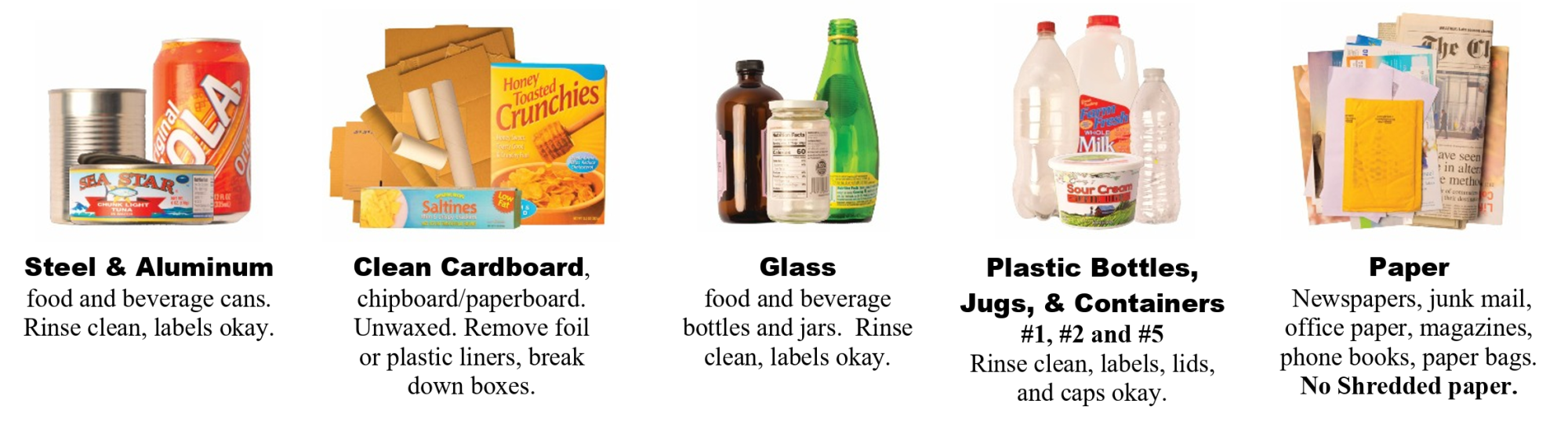 Curbside recycling accepts: steel and aluminum, clean cardboard, chipboard, paperboard, glass, plastic bottles, jugs and containers, and paper.