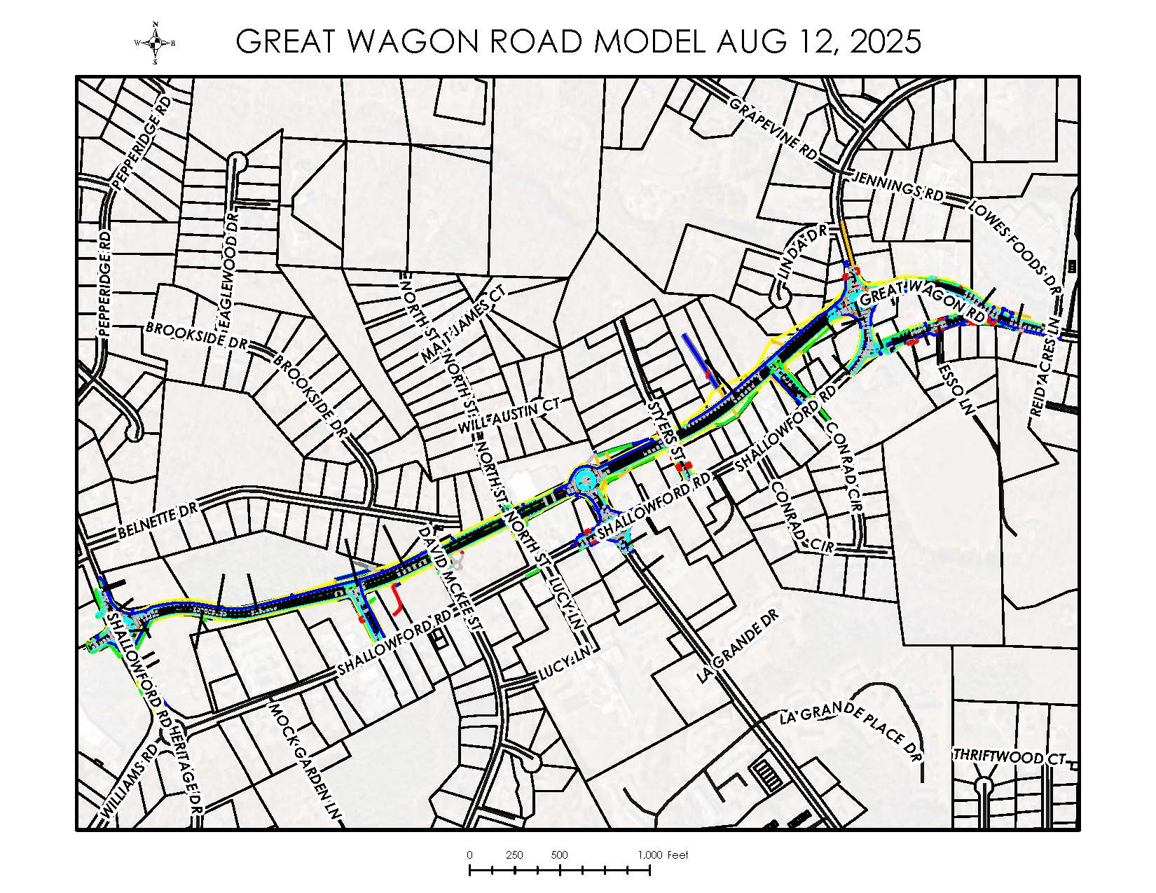 Great Wagon Road map depicting the future Great Wagon Road to run parallel to Shallowford Road with four new roundabouts.