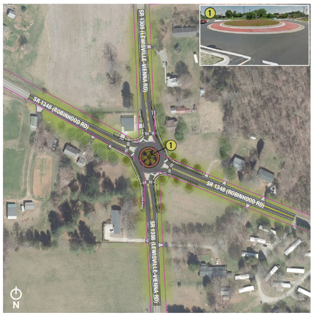 A roundabout is planned at the intersection of Robinhood Road and Lewisville-Vienna Road