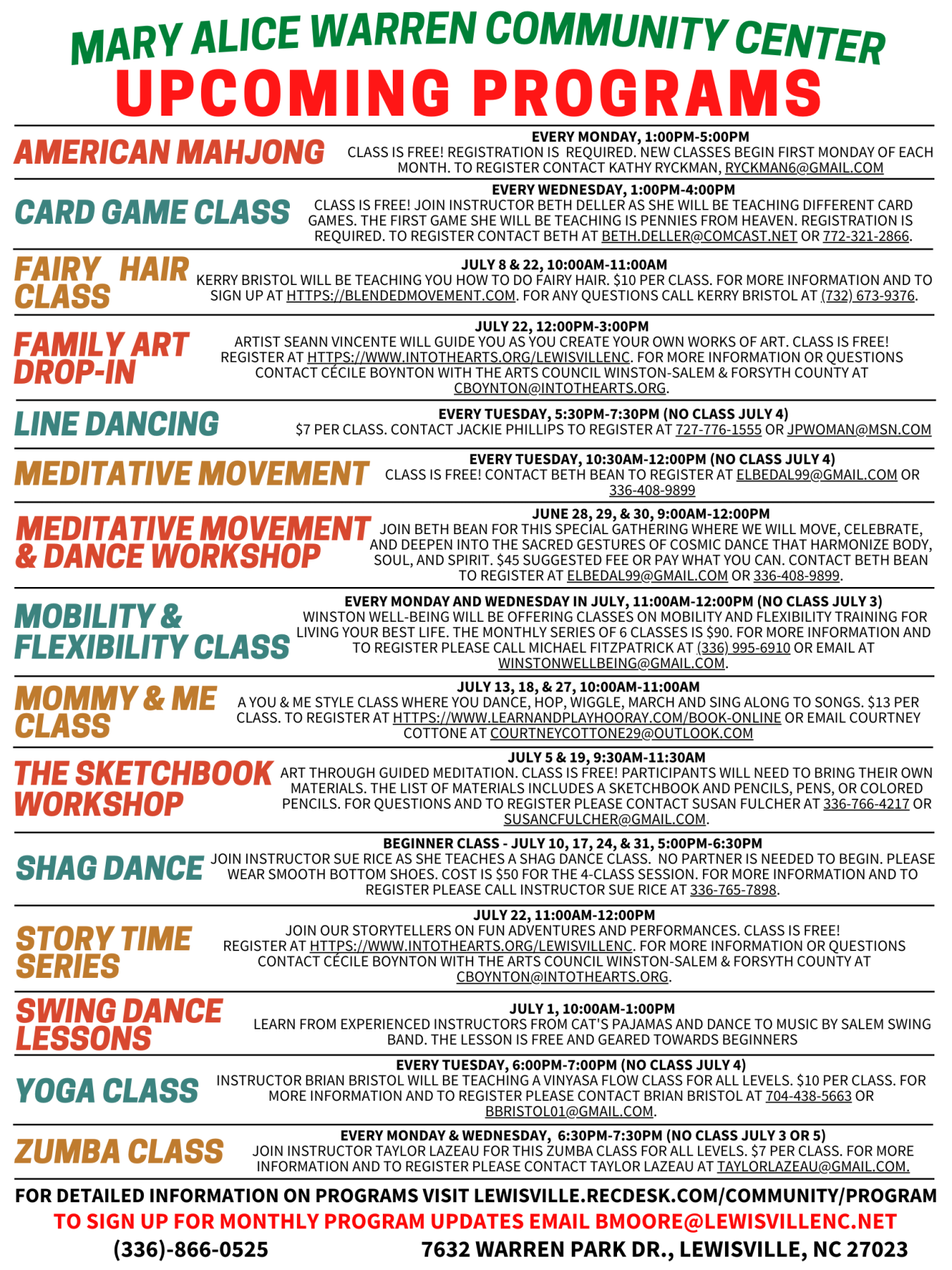 July Classes & Programs