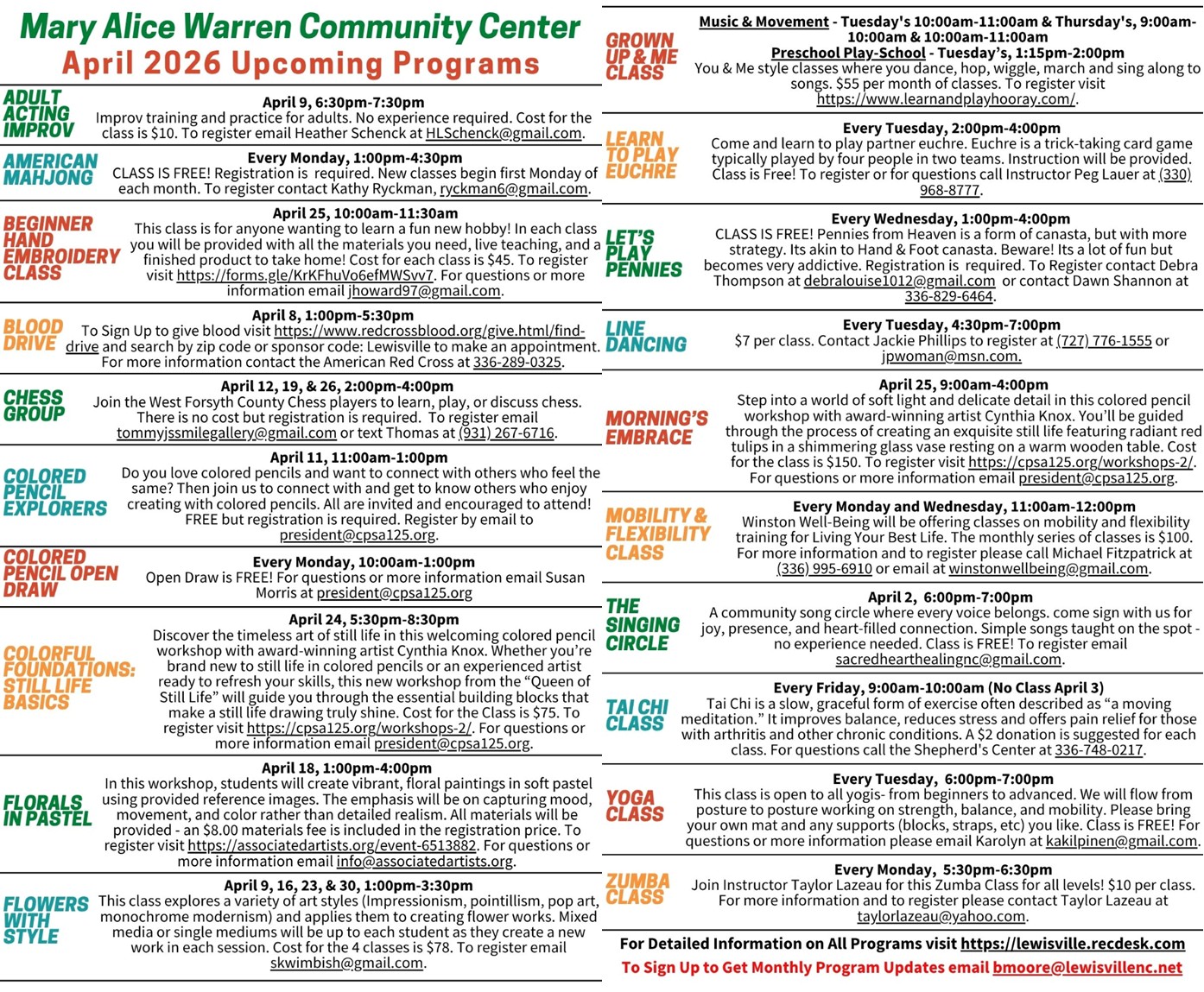 April 2026 Programs and Classes