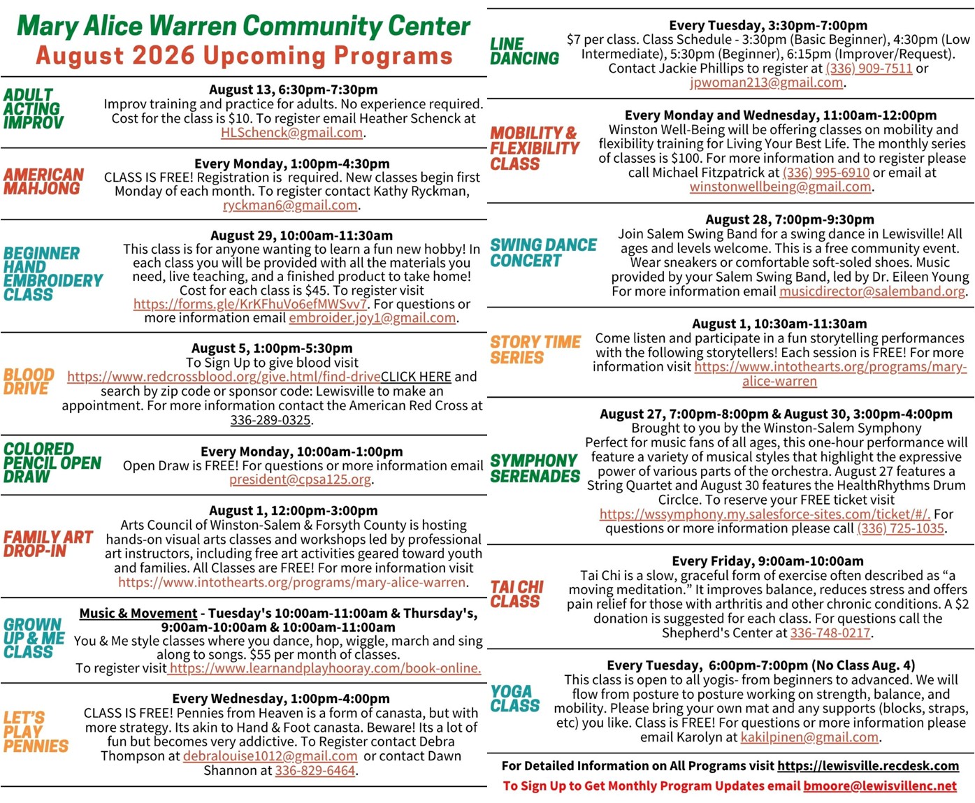August 2026 Programs and Classes