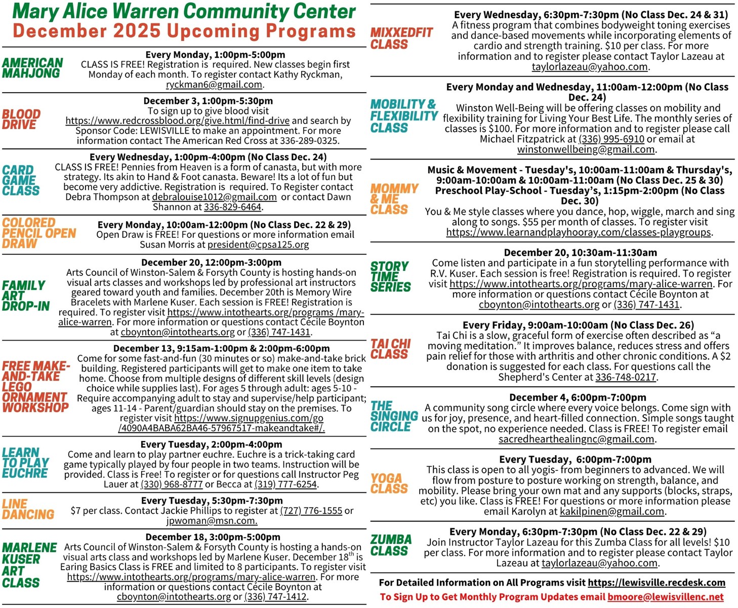 December 2025 Classes & Programs