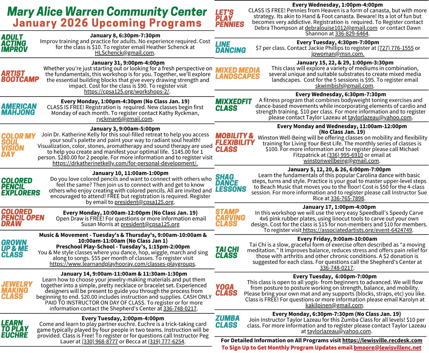 January 2026 Programs & Classes