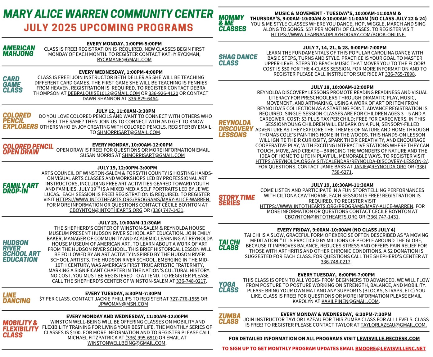 July 2025 Programs & Classes