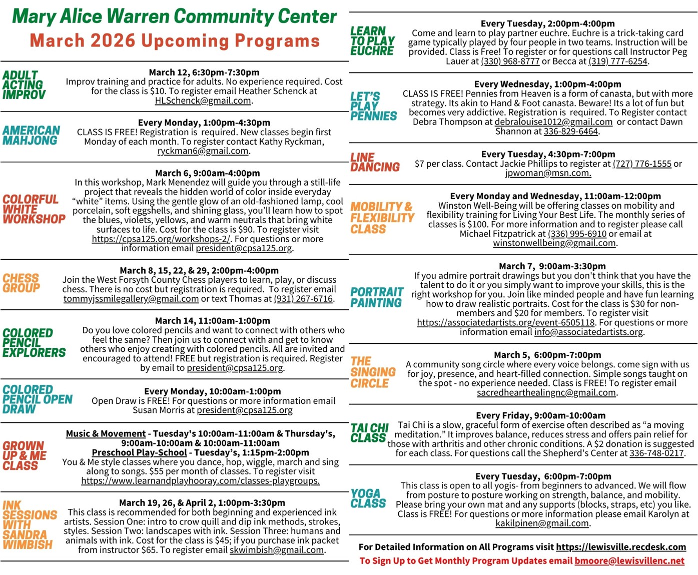 March 2026 Programs and Classes