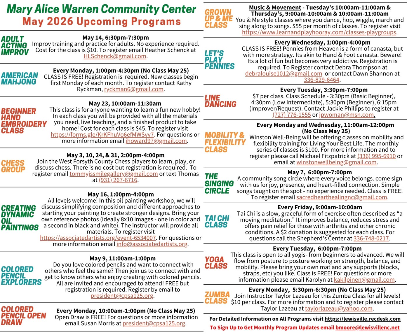 May 2026 Programs and Classes